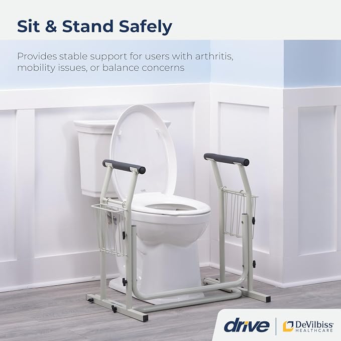 Drive Medical RTL12079 Toilet Safety Frame, Bathroom Grab Bar for Toilets, Freestanding Toilet Rail for Stability, For Users Up to 300 Pounds, White