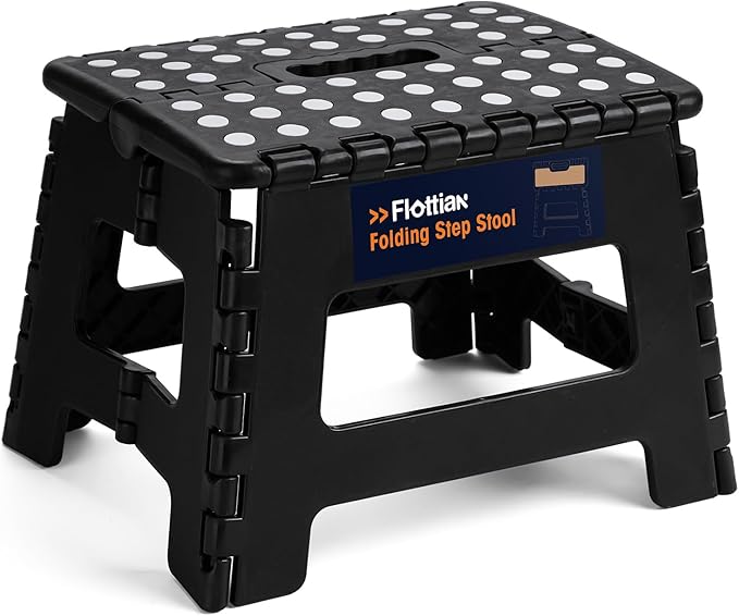 Flottian 9" Folding Step Stool for Adults and Kids Holds Up to 300 lbs,Non-Slip Folding Stools with Portable Handle, Compact Plastic Foldable Step Stool for Bathroom,Bedroom, Kitchen Black