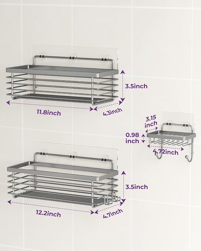 ODesign Shower Caddy 3 Pack SUS304 Stainless Steel-No Drilling-Shower Bathroom Shelves Rack,Rustproof Wall Mounted,Adhesive Shower Shelf Basket Organizer-Grey