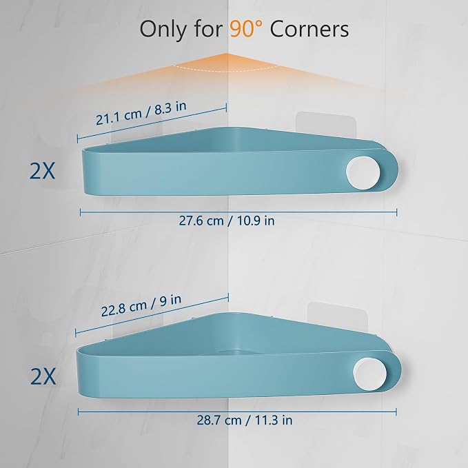 Sotfamily Plastic Shower Caddy Corner (for 90° Only), 4 Pack Adhesive Corner Shower Shelves for Bathroom Organizers and Storage, Light Blue