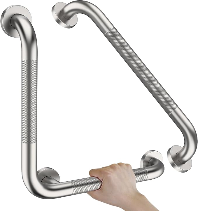 16 Inch Anti Slip Angled Shower Grab Bars with Munzong 20 Inch Stainless Steel Bathroom Grab Bar Brushed Nickel Toilet Handicap Grab Rail Knurled Safety Handle Support Elderly Injury Senior Bath