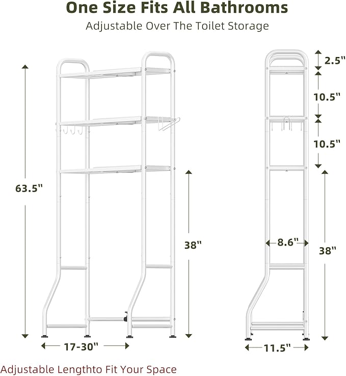 Simple Trending Expandable Over The Toilet Storage Rack, Metal 3 Tier Bathroom Organizer Shelf with Paper Holder and 3 Hooks, White