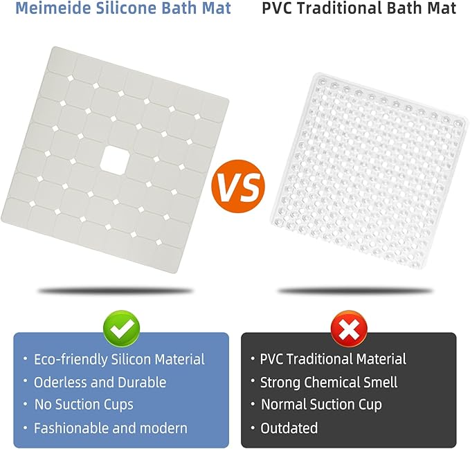 Shower Mat Non Slip Silicone Soft Odorless Bathtub Mat Non Slip No Suction Cups for Refinished,Reglazed and Textured Bath Tub Mat 24 X 24 Inch Beige