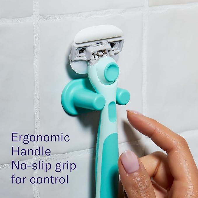 Flamingo Moisture Plus Women's Razor Set - No Shave Gel Needed - Razor Handle, 4 Blade Refills, Shower Holder - Seafoam