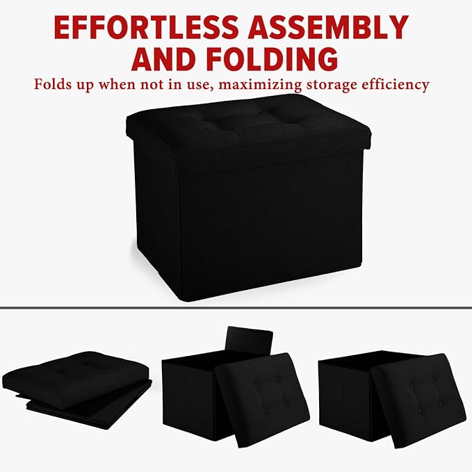 LINMAGCO Small Storage Ottoman Stool Foot Rest Stool Under Desk Stool Short Folding Ottoman Linen Cloth Black 17X13X13IN
