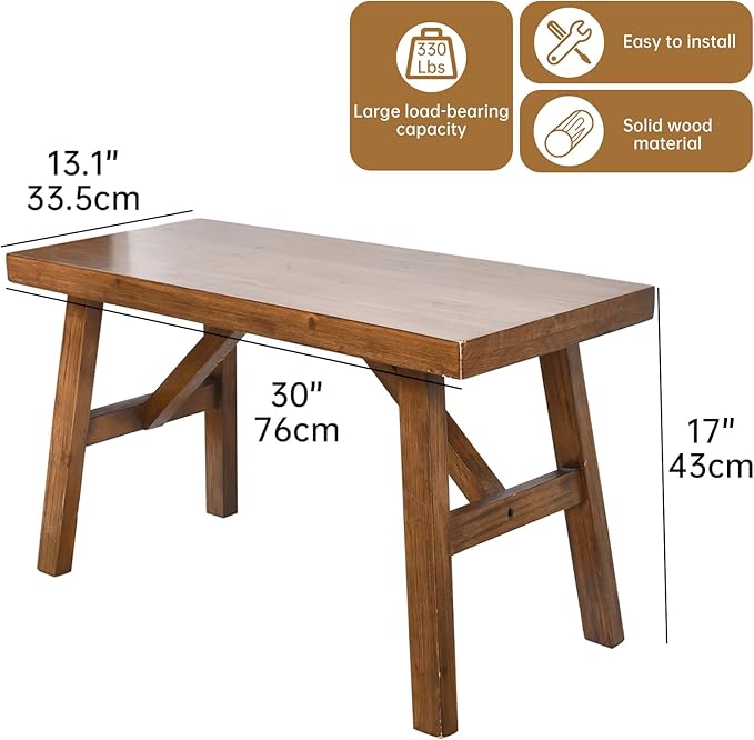 Handcrafted Solid Wood Bench, 30" - Farmhouse-Style Entryway Seating for Living & Dining Room, Rustic Design, Natural Finish