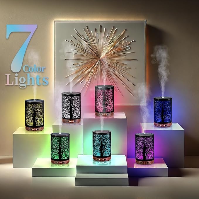 Oil Diffuser with Essential Oils Set, Aromatherapy Diffuser with 7 Color Lights and Auto Shut-Off, Cool Mist Diffuser with 6 Oils Gift Pack for Home Office (Tree with Oils)