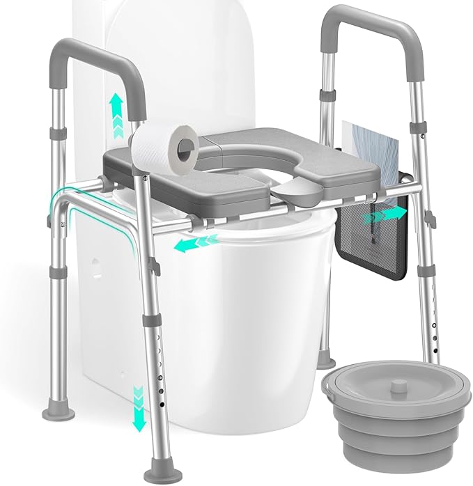 HOMEAL Seat Riser for Seniors with Bucket, Adjustable Raised Toilet Seat with Handles, Supports 450LBS, Heavy-Duty 3in1 Bedside Commode Chair for Any Toilet, Shower & Bedside (Grey, with Bucket)
