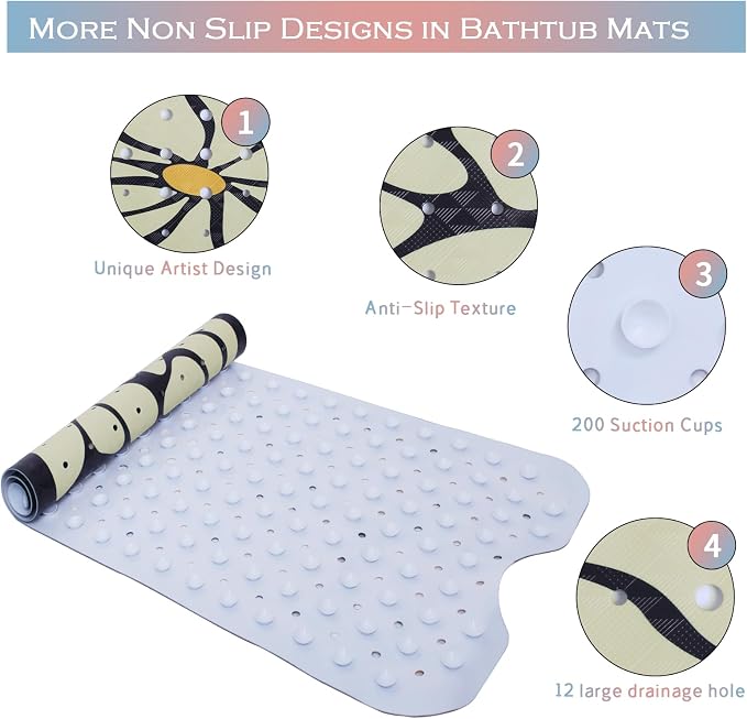 Floral Bathtub Mat Non Slip for Kids Botanical Extra Long Anti Slip Bath Mat for Tub Abstract Flower Bath Shower Mat with Large Drain Holes and Suction Cups Quality Plant Design Bathroom Decor 40x16in