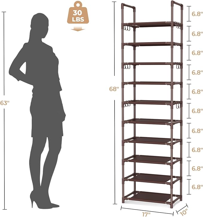VTRIN 10 Tiers Tall Shoe Rack Holds 20-25 Pairs of Shoes Sturdy Vertical Shoe Organizer with 18pcs Hooks Stackable Narrow Shoe Rack for Closet, Entryway Brown