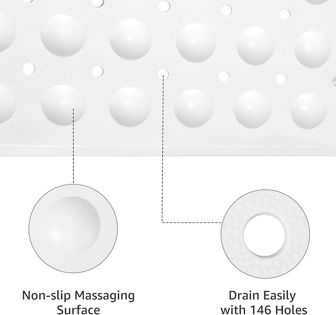 WarmSnow Long Bathtub Mat Non Slip 39.5 x 16 Inch, Inside Shower Mats with Suction Cups & Drain Holes, Soft TPE Bath Mat for Tub, Quick-Drain Bathroom Floor Mats, White