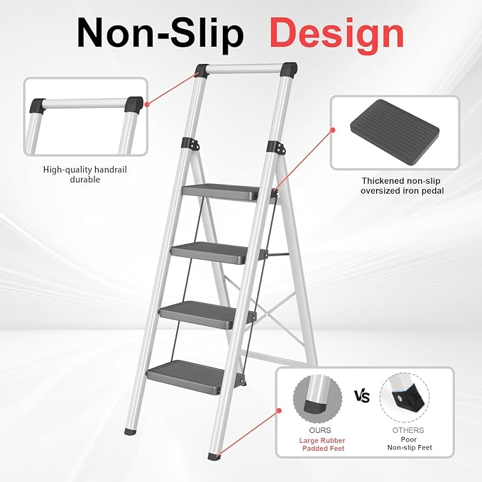 DIAMONDFORGE 4 Step Ladder, Folding Step Stool with Wide Anti-Slip Pedal, Soft Grip Handle & Non-Slip Feet, Sturdy Steel Ladder with 600 lbs Capacity for Home, Kitchen & Office, Black Grey