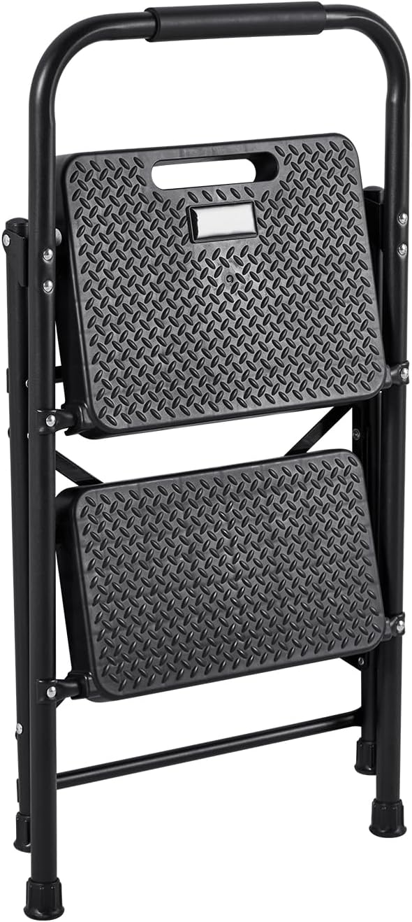 VEVOR 2 Step Ladder, Folding Step Stool with Wide Anti-Slip Pedal and Comfort Handgrip, Lightweight 600 lbs Capacity Portable Steel Ladder, Multi-Use for Kitchen, Home, Household and Office, Black
