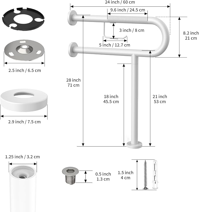 Toilet Grab Bar with Leg 24x28 Inch, ZUEXT White Knurled Toilet Support Bar with Toilet Paper Holder, Stainless Steel Wall & Floor Mounted Bathroom Support Rail for Seniors Elderly Disabled Pregnant