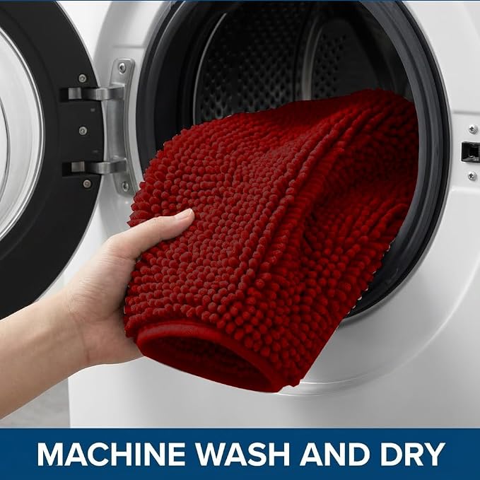 Bathroom Rugs Sets 2 Piece,Super Absorbent Chenille Bath Mats and U-Shaped Toilet Rug,Strong PVC Non Slip Backing,Microfiber Washable Dry Quickly Bath Mats for Bathroom(20"x32"+20"x20"U,Dark Red)