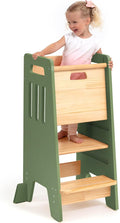 OCODILE Toddler Tower with a Sliding Door and 3 Adjustable Heights - Safe Toddler Kitchen Step Helper with Support Feet - Updated Design for 18+ Months to 6-Year-Old Kids - Green