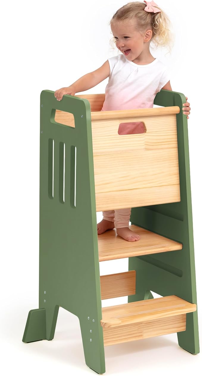 OCODILE Toddler Tower with a Sliding Door and 3 Adjustable Heights - Safe Toddler Kitchen Step Helper with Support Feet - Updated Design for 18+ Months to 6-Year-Old Kids - Green
