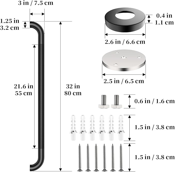Black Grab Bar 32 Inch, iHansee Anti-Slip Bathroom Grab Bar w/Knurled Grip, Stainless Steel Safety Handrail for Toilet Bathtub Shower, Wall Mounted Matte Black Handicap Bars Handle for Senior Elderly