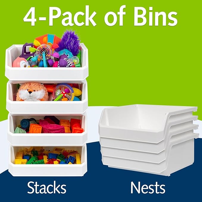 ReadySpace Plastic Containers for Organizing and Storage Bins for Closet, Kitchen, Office, Garage or Pantry Organization, Stackable Bins, Extra Large (14.8" x 16.5" x 7"), 4-Pack, White