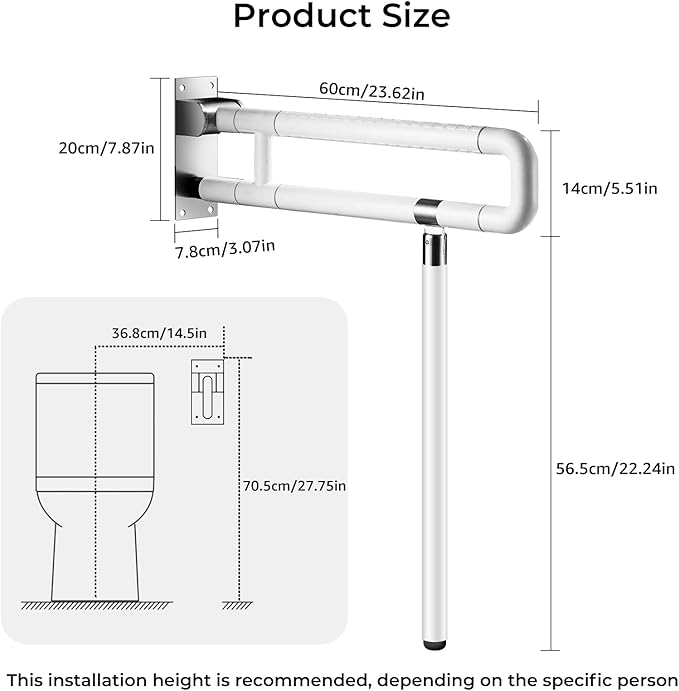 Modunful Upgraded Handicap Grab Bar for Bathroom, Flip Up Toilet Hand Rail for Elderly, Disabled, Pregnant, 23.6 Inch, White, Textured Finish, Stainless Steel