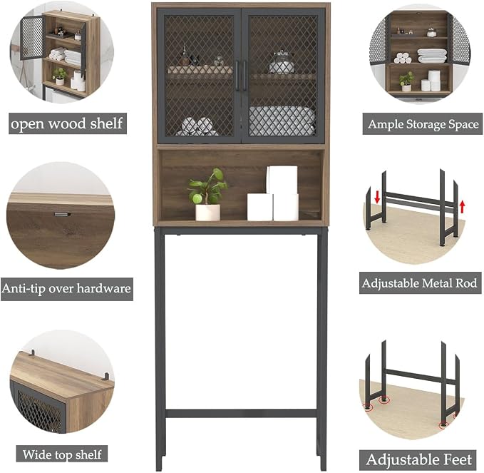 Launica Over the Toilet Storage Cabinet, Over Toilet Bathroom Organizer with Mesh Doors and Shelves, Freestanding Bathroom Storage Cabinet Above Toilet, Wood and Metal, Rustic Oak