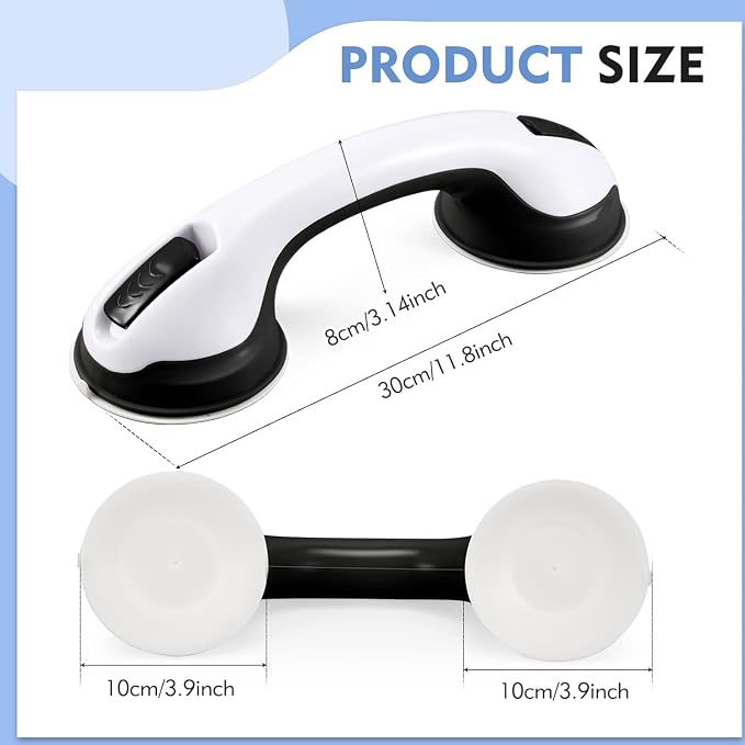 KVANT Grab Bars for Shower, 12 Inch Shower Handle Strong Suction Shower Grab Bar for Shower Chair Stool, Bathtub Rails for Seniors, Elderly, Handicap (2 Pack) - Black