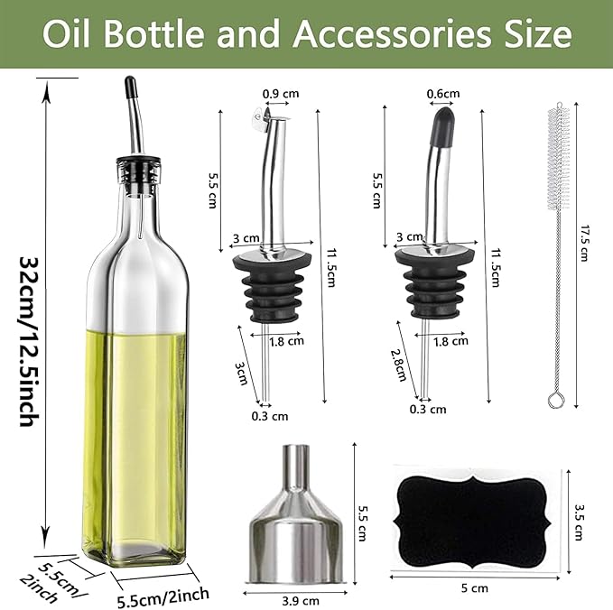 Leaflai Olive Oil Dispenser Bottle, 1 Pcs Glass Olive Oil Dispenser and Vinegar Dispenser Set with 2 Stainless Steel Pourers, 2 Labels,1 Brush and 1 Funnel Oil Bottles for Kitchen (500ml)