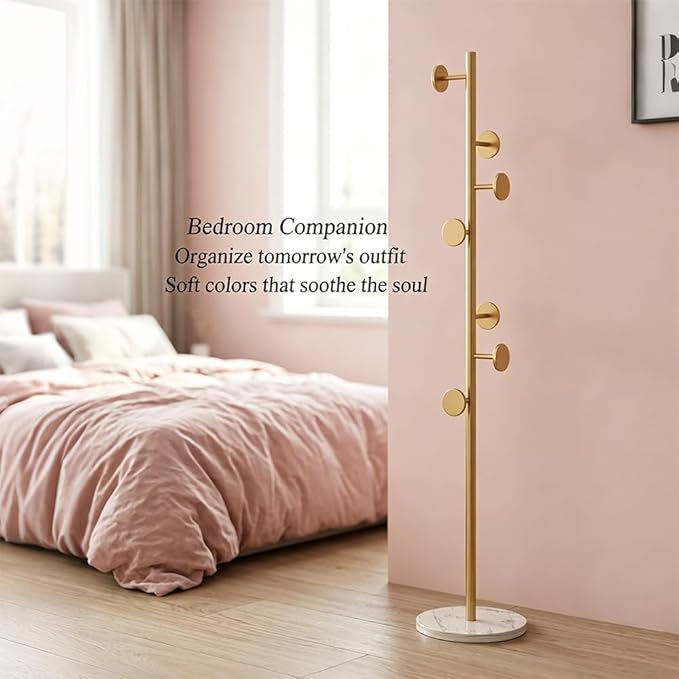 Coat Rack Freestanding Gold Clothes Rack with Marble Base & 7 Staggered Round Hooks, Heavy Duty Stable Coat Hanger Garment Stand for Entryway Bedroom, Hall Tree Racks for Clothing Hats Bags Purses