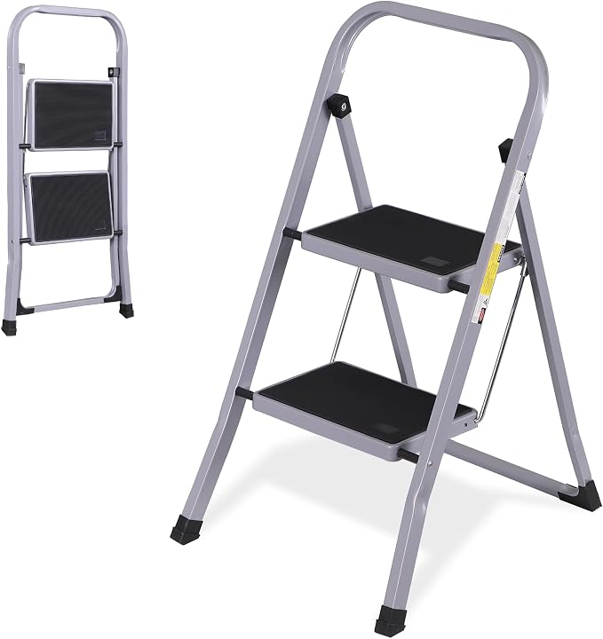 ZENY 2 Step Ladder Folding Step Stool with Wide Anti-Slip Pedal, Convenient Handgrip, Portable Steel Step Stool, 300 lbs Sturdy Steel Ladder for Household and Office, Gray