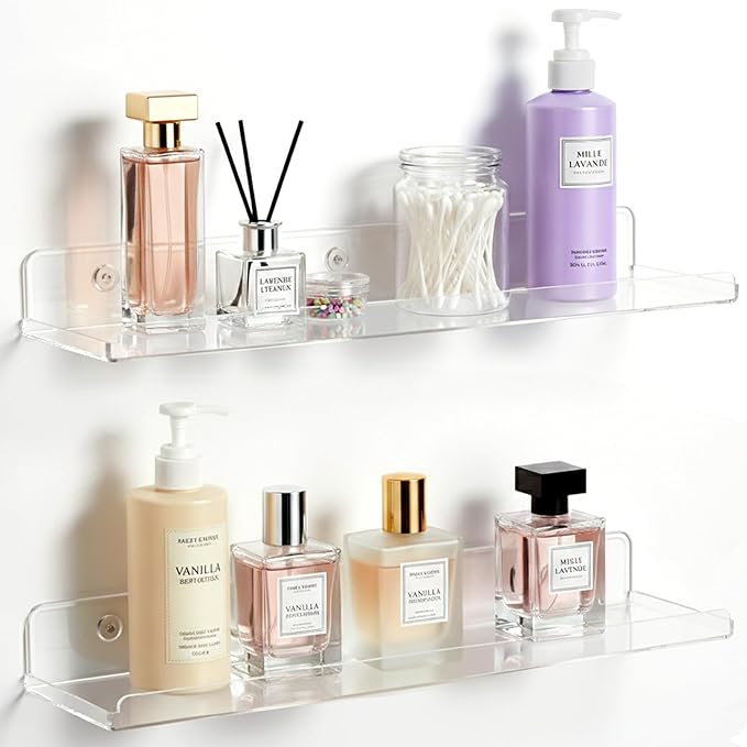 Lifewit Floating Shelves for Bathroom, Acrylic Display Shelf Wall Mounted for Makeup, Skincare, Nail Polish, Book, 14" Perfume Organizer for Bedroom, Living Room, Nursery, Home Decor, Clear, 2 Pack