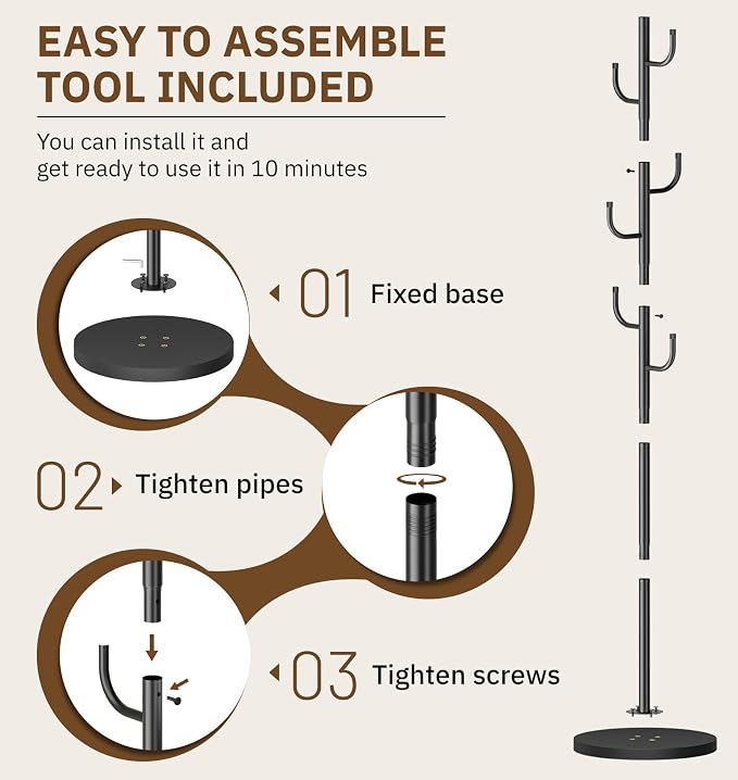 MISSLO Heavy Duty Coat Rack Freestanding with Stable Wood Base Metal Coat Tree Adjustable Coats Hanger Stand with 6 Hooks Clothes Tree for Jackets, Hats, Bags Standing Purse Rack for Bedroom, Office