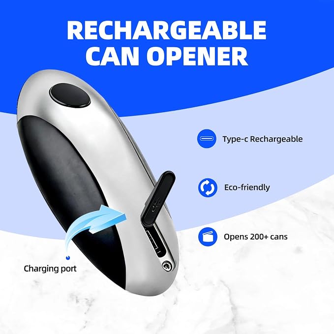 Rechargeable Electric Can Opener, One-Touch, Smooth Edge, USB-C Fast Charge, for Seniors, Silver