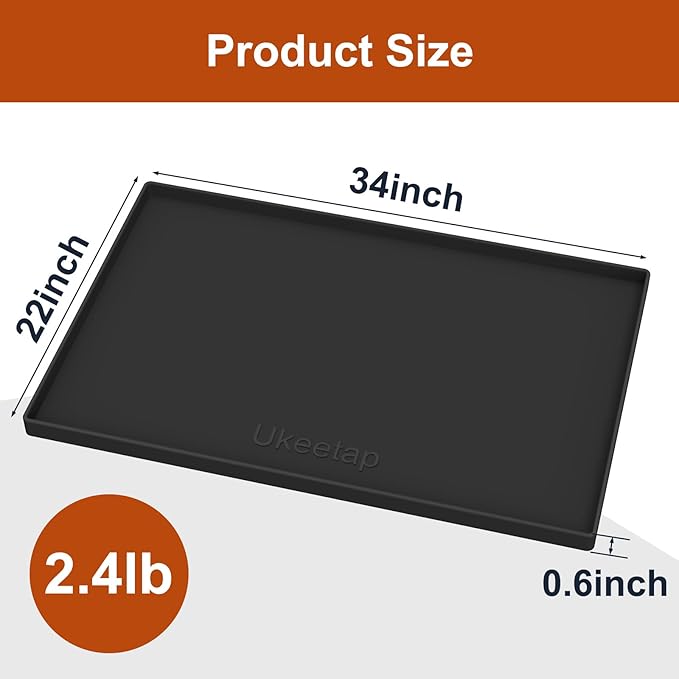 ukeetap Extra Thick Silicone Mat Waterproof with Raised Edge 34" x 22", Under Sink Mat for Kitchen & Bathroom, Kitchen Cabinet Liner, Multi-Purpose for Storage & Protection, Black