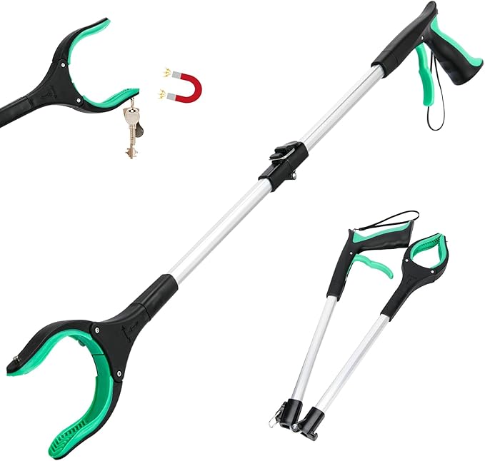 Grabber Reacher Tool,32 Inch Extra Long Foldable Pick Up Stick with Strong Grip Magnetic,360°Rotating Anti-Slip Jaw,Trash Claw Grabber Tool,Trash Picker Tool for Outdoor & Indoor (Green)