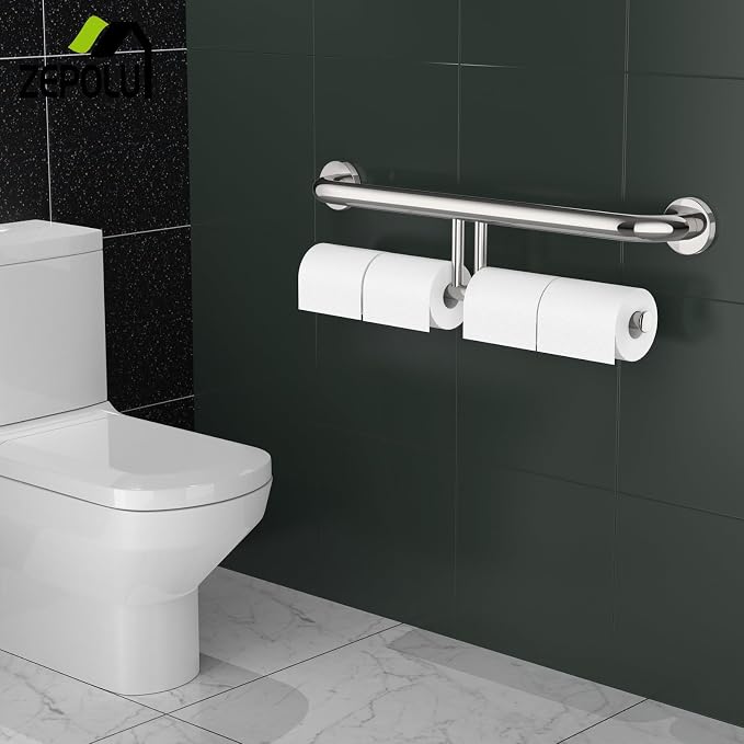 Chrome Double Toilet Paper Holder w/Safety Bar 24 inch, Zepolu 2-in-1 Assist Bar Balanced Support Handle, Stainless Steel Handrail Wall Mounted Bathroom Toilet Grab Bar for Senior Elderly Handicap