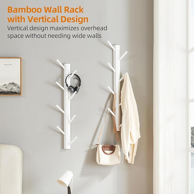 TIOPGHAD 2 Pack Coat Rack Vertical Wall Mount, Bamboo Coats Hooks Clothes Holder Hanger for Wall Coat Hat Jacket Clothing Bathroom Robes Mudroom Entryway(White)