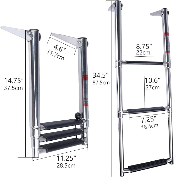 3 Step Boat Ladder, 304 Stainless Steel Telescoping Folding Pontoon Boat Ladder Dock Swim Ladder for Marine Boat Yacht