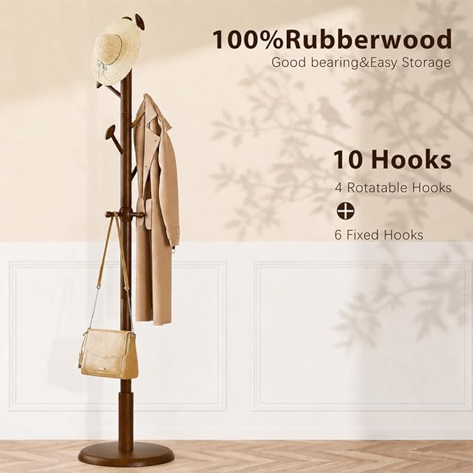 Taitiy Solid Wood Coat Rack Freestanding Coat Tree with 10 Hooks for Bedroom, Livingroom, Entryway, Sturdy Coat Hanger Stand for Hats, Coats, Scarves, Handbags, Purses
