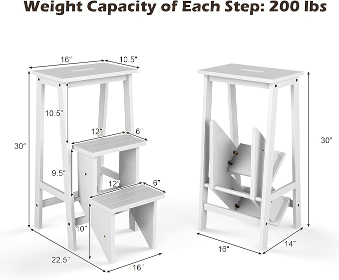 DORTALA 3 Tier Folding Step Stool, Rubber Wood Multifunctional Ladder Chair Bench, Portable Utility Seat, Flower Rack, 200 Lbs Capacity, Ideal for Library, Home (White)