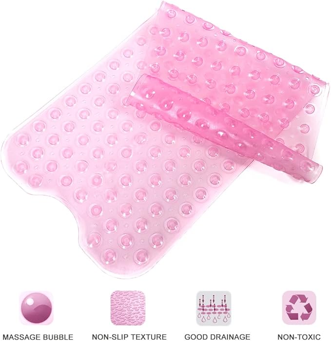 Bathtub and Shower Mats, Extra Long Non-Slip Bath Tub Mat 39 x 16 Inch, Machine Washable Bathmat with Suction Cups & Drain Holes for Bathroom Floor, Clear Pink