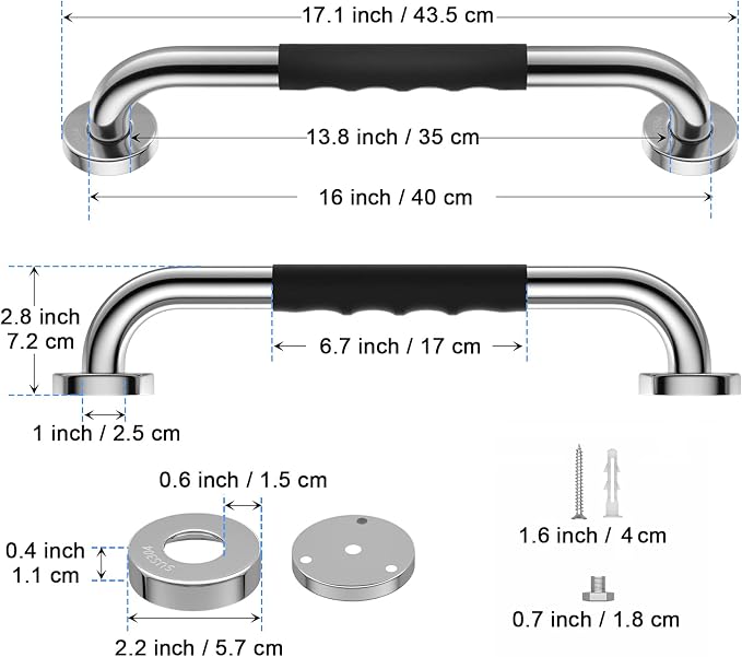 Chrome Bathroom Grab Bar 16 inch, iMomwee Stainless Steel Anti-Slip Shower Handrail for Elderly, Wall Mounted Safety Handicap Bars, Balanced Support Handle Bar for Senior