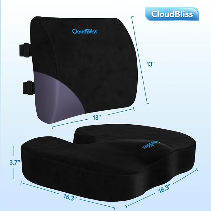 CloudBliss Lumbar Support Pillow & Seat Cushion Set for Office Chair, Desk Chair, Wheelchair & Car – Memory Foam Back Support, Ergonomic Chair Cushions, Sciatica Pain Relief, Home Essentials, Black