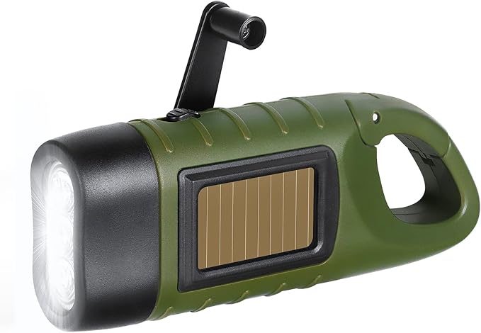 SEANCHEER Hand Crank Solar Powered Flashlights,Compact Emergency Rechargeable LED Flashlight Handheld Survival Flashlight,Quick Snap Carbiner Dynamo Flashlight for Outdoor,Sports,Hiking-Army Green