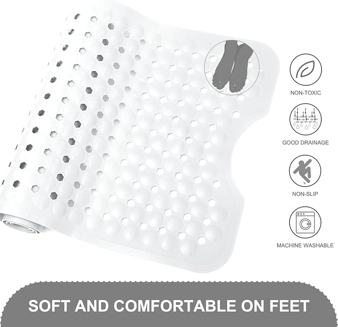 TEESHLY Bath Tub and Shower Mats, Non Slip 40 x 16 Inch Extra Large Bathtub Mat, Machine Washable Bathmat with Drain Holes, Suction Cups for Bathroom Floor, White