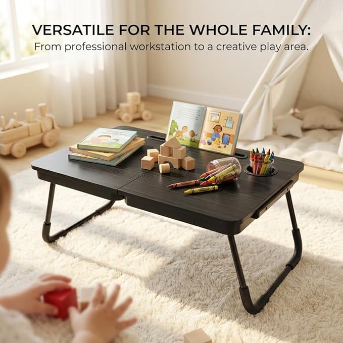 BUYIFY Foldable Laptop Bed Desk for Couch, Sofa - Large Lap Desk Tray Table with Cup Holder and Tablet Slot - Portable Notebook Stand for Eating, Writing, Studying and WFH -NEW-006-USA Original Patent