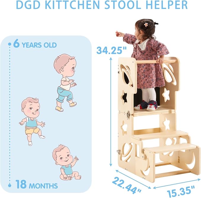 Toddler Tower, Toddler Stool for Kitchen, Kids Learning Wooden Tower, Foldable Weaning Table with Kids Step Stool, Montessori Standing Tower for Bathroom and Kitchen Counter