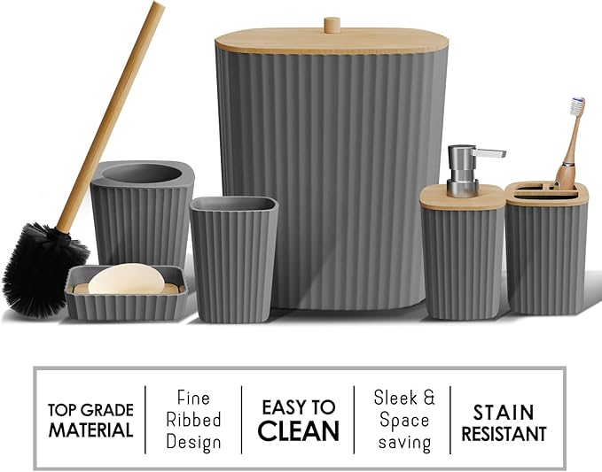 Clara Clark Bathroom Set - Grey Bathroom Accessories Set, 6PC Bathroom Accessory Set, Bathroom Sets with Adhesive Corner Shower Caddy Hanging, Toilet Brush, Trash Can & Soap Dispenser
