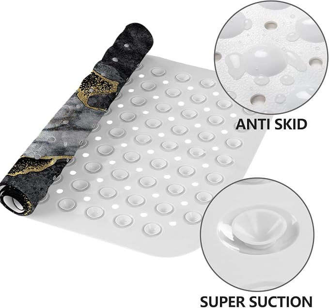 LNOND Marble Bath Tub Mat Non Slip, Extra Long 40 X 16 Inch Anti Slip Mat for Bathtub, Black Grey Luxury Marble Shower Mat with Drain Holes and Suction Cups, Machine Washable