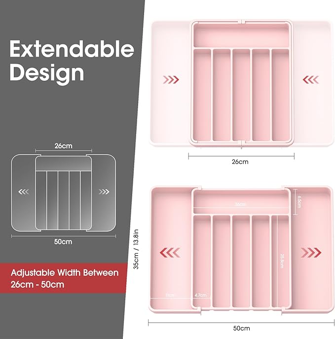 Aujen Silverware Organizer - Expandable Kitchen Drawer Organizer, Adjustable Utensil Organizer, Cutlery Tray for Forks, Knives, Multipurpose Kitchen Organizers and Storage Solution, Pink, Large