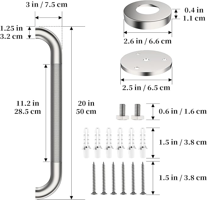 Brushed Nickel Grab Bar 20 Inch, iHansee Bathroom Grab Bar w/Anti-Slip Knurled Grip, Stainless Steel Safety Handicap Bars, Wall Mounted Balance Support Handrail Shower Handle for Senior Elderly